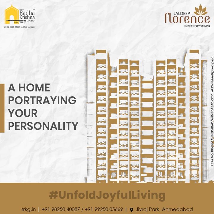 Our homes are the testament of our personalities and our surroundings become the reason behind our happiness. At Jaldeep Florence, we offer you a home that embodies you with the best amenities amidst the best locality for true joyful living. 

#JaldeepFlorence #Launchingsoon #LuxuryLiving #ShreeRadhaKrishnaGroup #Ahmedabad #RealEstate #SRKG