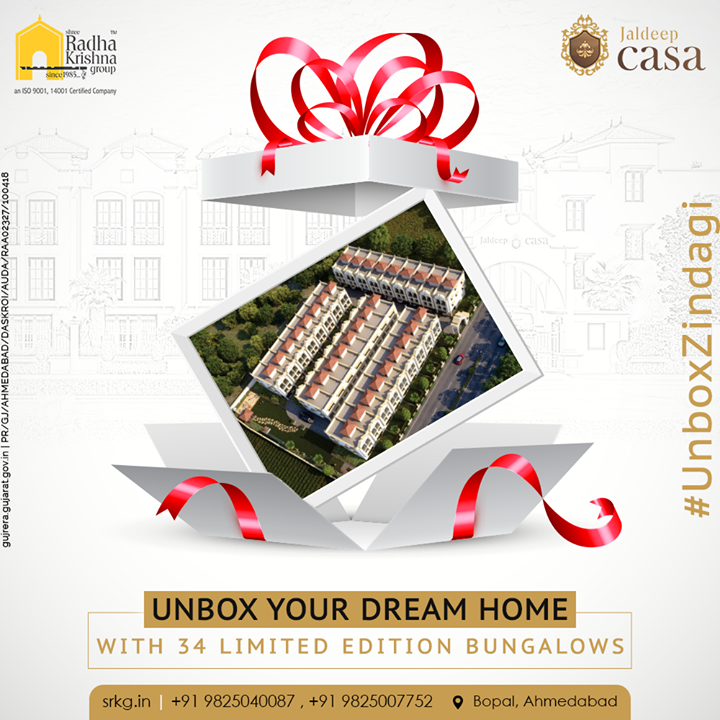 Prep up to live the casa life because Jaldeep Casa is that gift which your family members will love to treasure!

The meticulously designed residential project boasts of the 34 limited edition of lavish bungalows that are designed exclusively for the choicest few.

Unbox a lifestyle adorned with the premium amenities!

#JaldeepCasa #Bungalow #Casa #RadhaKrishnaGroup #Bopal #Amenities #LuxuryLiving #ShreeRadhaKrishnaGroup #Ahmedabad #RealEstate
