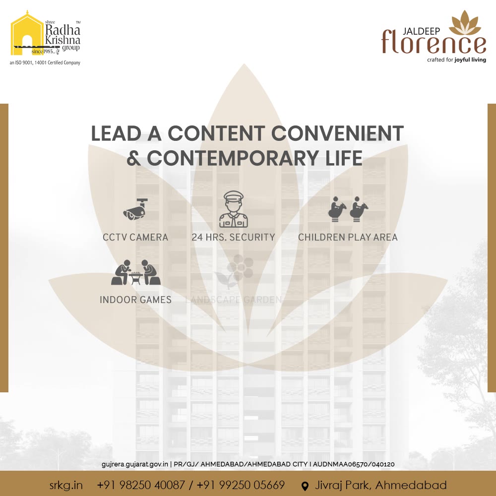 Lead a content, convenient and contemporary life at #JaldeepFlorence.

#Launchingsoon #LuxuryLiving #ShreeRadhaKrishnaGroup #Ahmedabad #RealEstate #SRKG