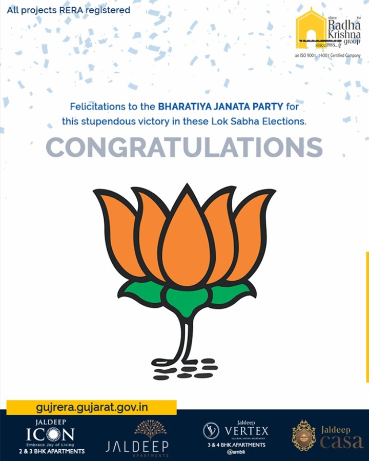 Felicitations to the Bharatiya Janata Party (BJP) for this stupendous victory in these Lok Sabha Elections.

#Congratulations #VijayiBharat #IndianElections2019 #ElectionResults2019 #ShreeRadhaKrishnaGroup #Ahmedabad #RealEstate #WorldOfHappiness