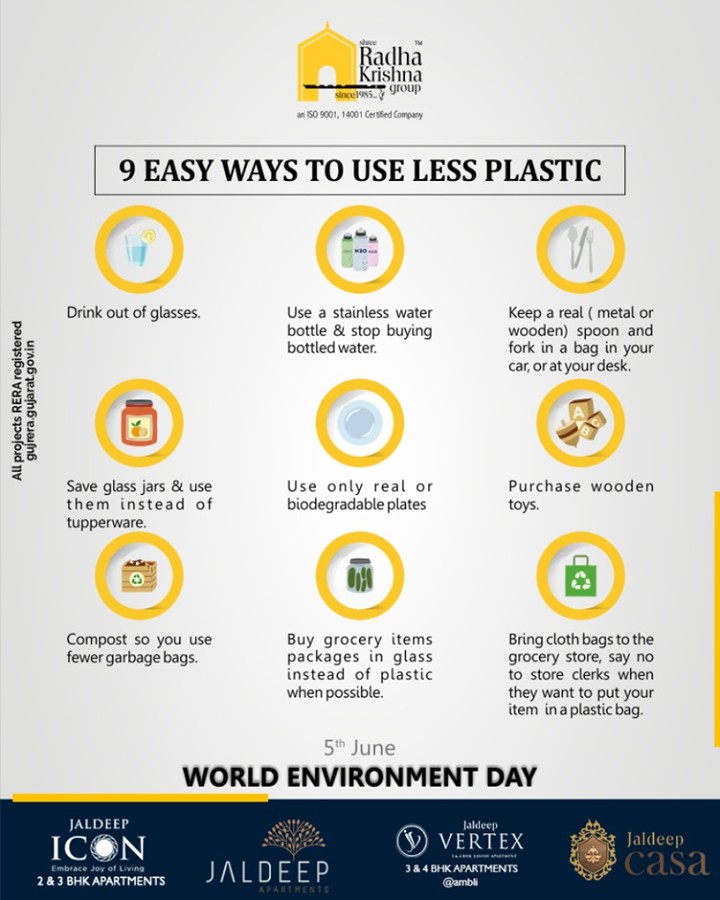 This Environment Day learn 9 easy ways to use less plastic

#WorldEnvironmentDay #EnvironmentDay #SaveEnvironment #PledgeGreen #ShreeRadhaKrishnaGroup #SRKG #Ahmedabad #RealEstate