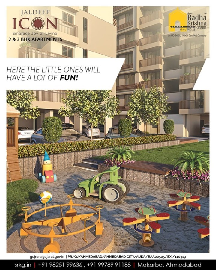 With access to a landscaped, play area and multiple outdoor game choices here at #JaldeepIcon the little ones will have a lot of fun.

Get your space booked and give your child a million reasons to thank you!

#IconicLiving #ShreeRadhaKrishnaGroup #Ahmedabad #RealEstate #SRKG #KidFriendlyAmenities