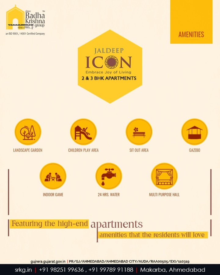 There are certain essential luxury apartment amenities that your ideal home ought to have incorporated in it.

If you are looking for a host of luxurious amenities then your search gets over at #JaldeepIcon.

#Amenities #LuxuryLiving #ShreeRadhaKrishnaGroup #Ahmedabad #RealEstate #SRKG #IconicApartments #IconicLiving