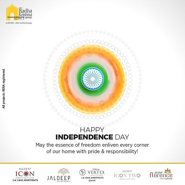 May the essence of freedom enliven every corner of our home with pride & responsibility!

#IndependenceDay #HappyIndependenceDay #HarGharTiranga #AzadiKaAmritMahotsav #75thIndependenceDay #India #ShreeRadhaKrishnaGroup #RadhaKrishnaGroup #SRKG #Ahmedabad #RealEstate