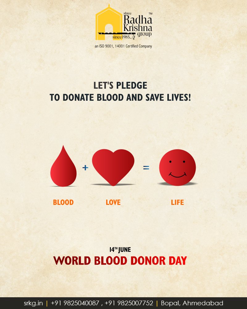 Let's pledge to donate blood and save lives!

#DonateBlood #WorldBloodDonorDay #WorldBloodDonorDay2018 #ShreeRadhaKrishnaGroup #Ahmedabad https://t.co/PQN9JWh0pf