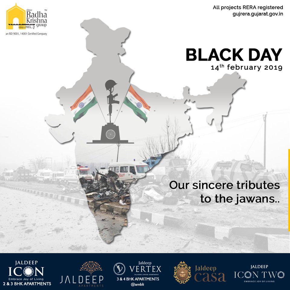 Our sincere tributes to the jawans...

#PulwamaAttack #RIP #PulwamaTerrorAttack #Pulwama #RememberingPulwama #SRKG #ShreeRadhaKrishnaGroup #Ahmedabad #RealEstate https://t.co/QP413yJNQk